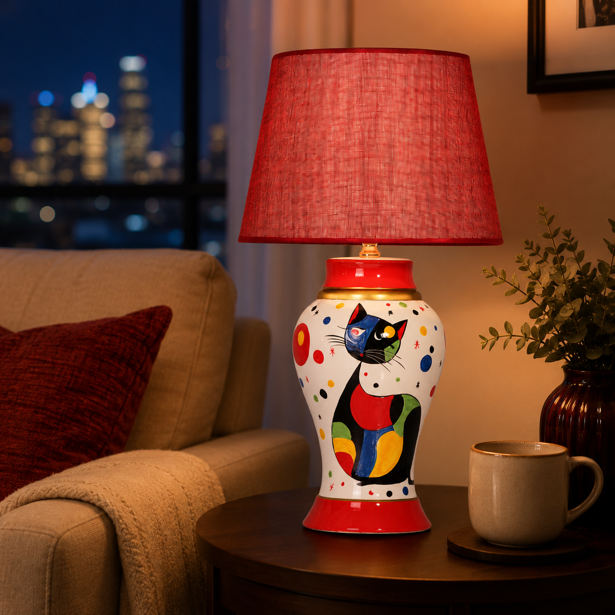 Cat Ceramic Table Lamp with Red Shade, Hand-Painted Ginger Jar Lamp