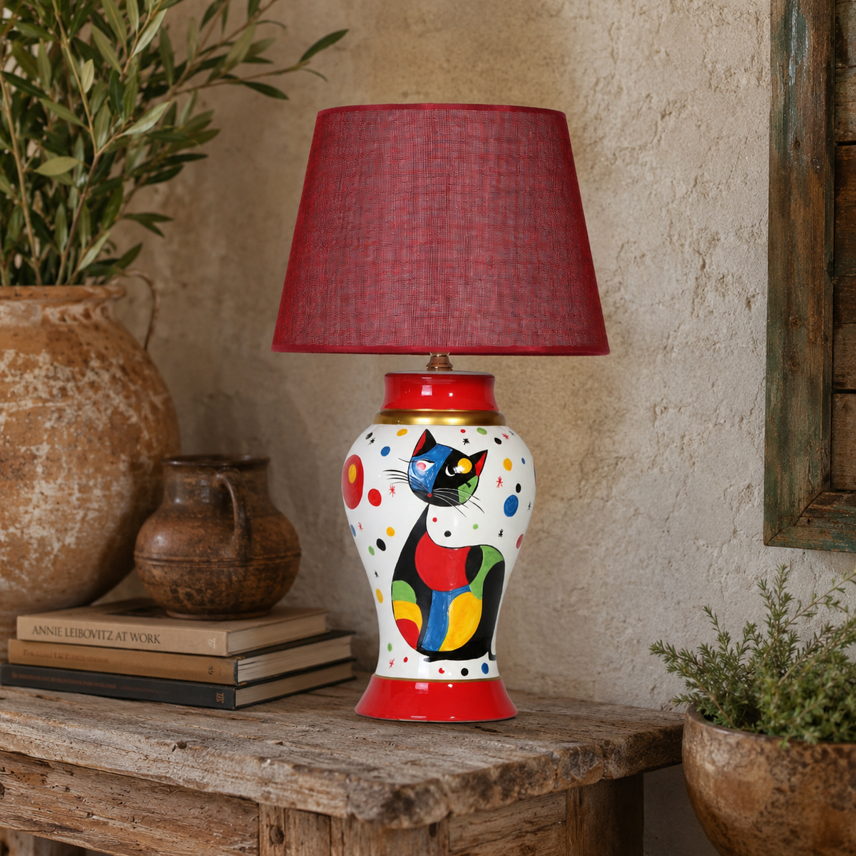 Cat Ceramic Table Lamp with Red Shade, Hand-Painted Ginger Jar Lamp