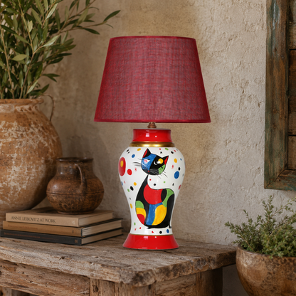 Cat Ceramic Table Lamp with Red Shade, Hand-Painted Ginger Jar Lamp