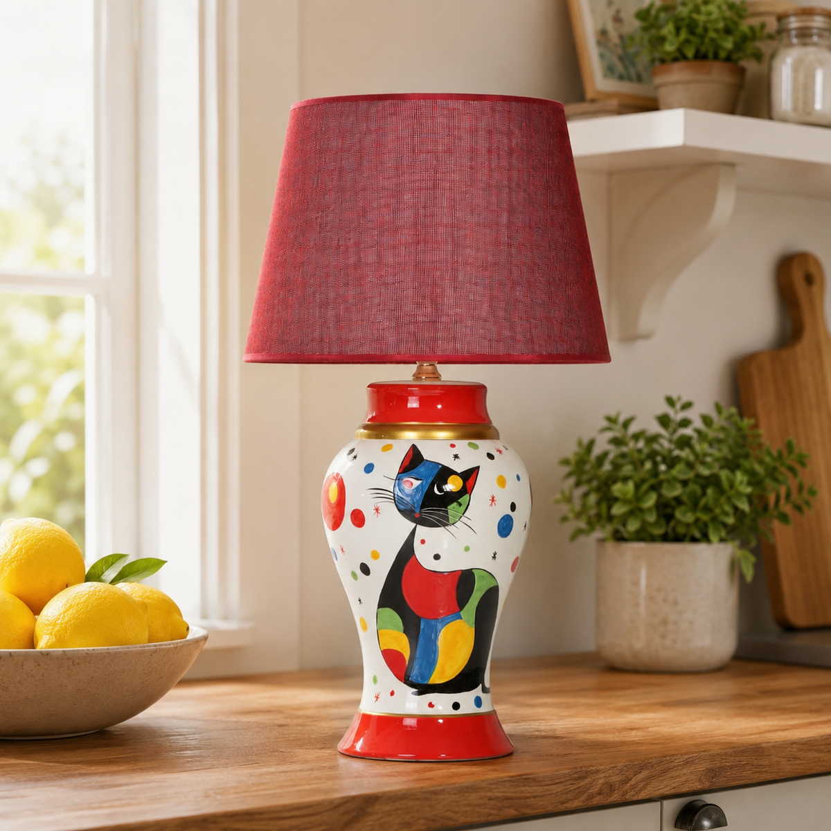 Cat Ceramic Table Lamp with Red Shade, Hand-Painted Ginger Jar Lamp