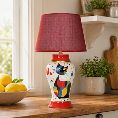 Cat Ceramic Table Lamp with Red Shade, Hand-Painted Ginger Jar Lamp