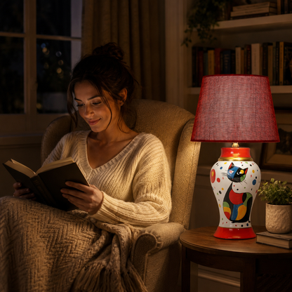 Cat Ceramic Table Lamp with Red Shade, Hand-Painted Ginger Jar Lamp