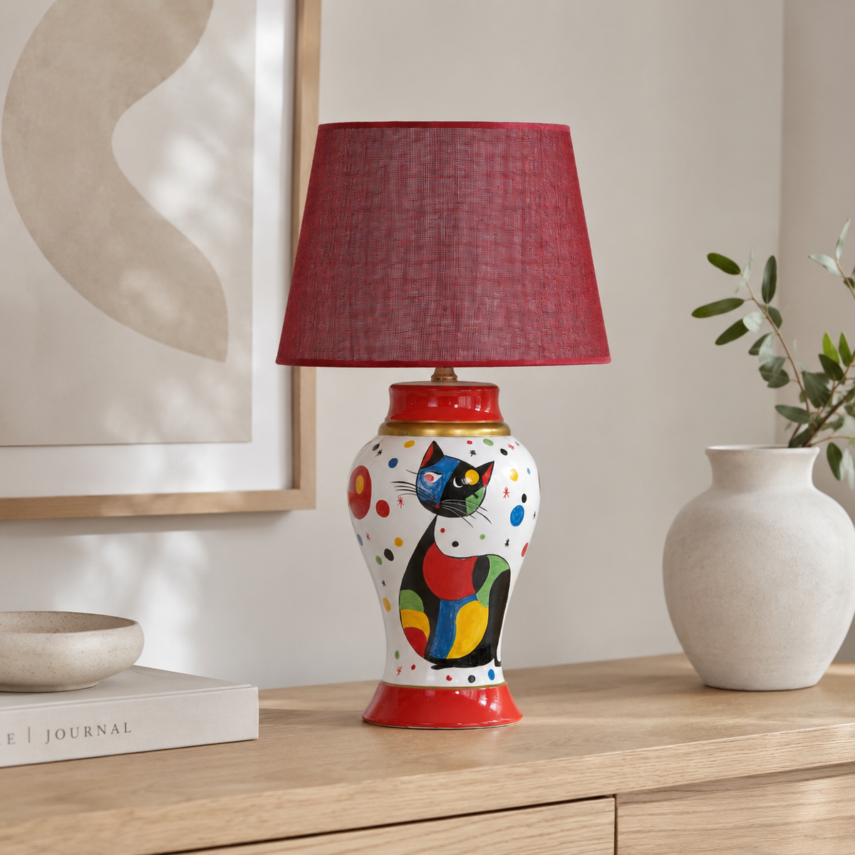 Cat Ceramic Table Lamp with Red Shade, Hand-Painted Ginger Jar Lamp