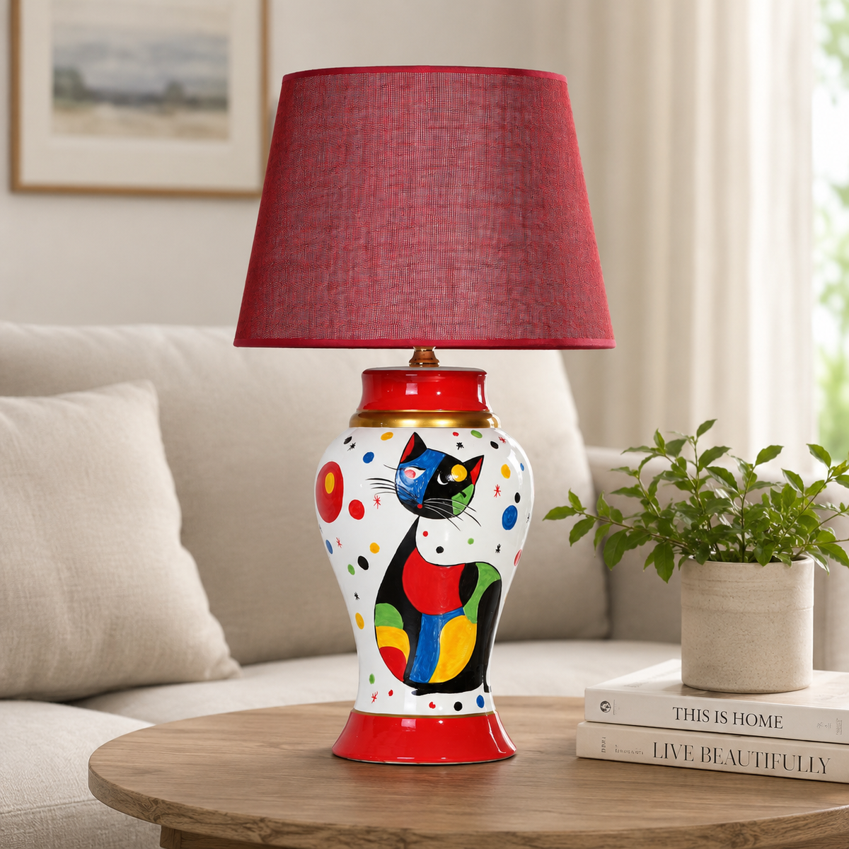 Cat Ceramic Table Lamp with Red Shade, Hand-Painted Ginger Jar Lamp