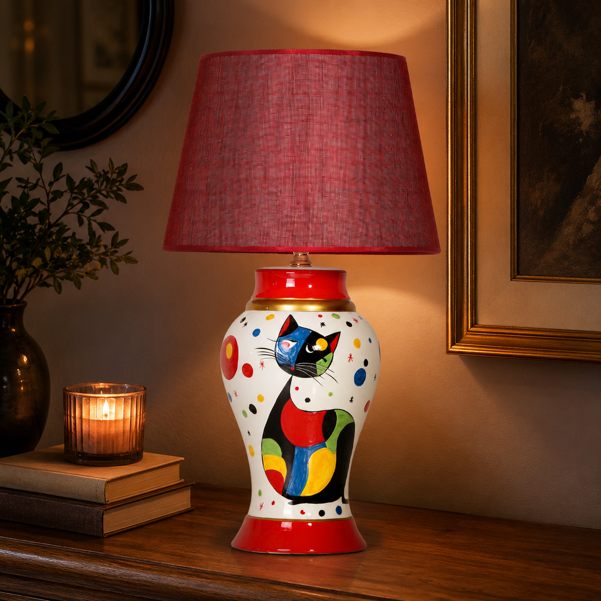 Cat Ceramic Table Lamp with Red Shade, Hand-Painted Ginger Jar Lamp