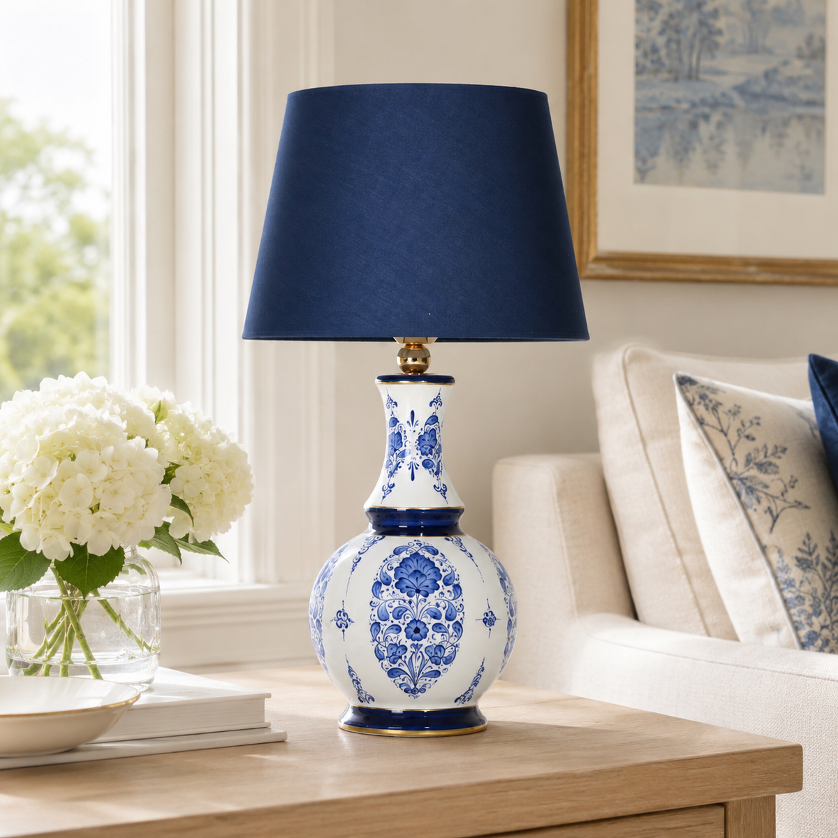 Blue & White Ceramic Table Lamp with Navy Shade, Chinoiserie Gourd Lamp