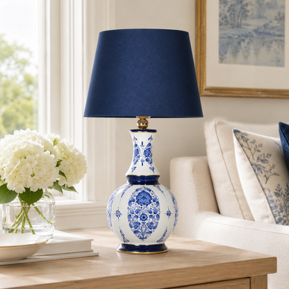 Blue & White Ceramic Table Lamp with Navy Shade, Chinoiserie Gourd Lamp
