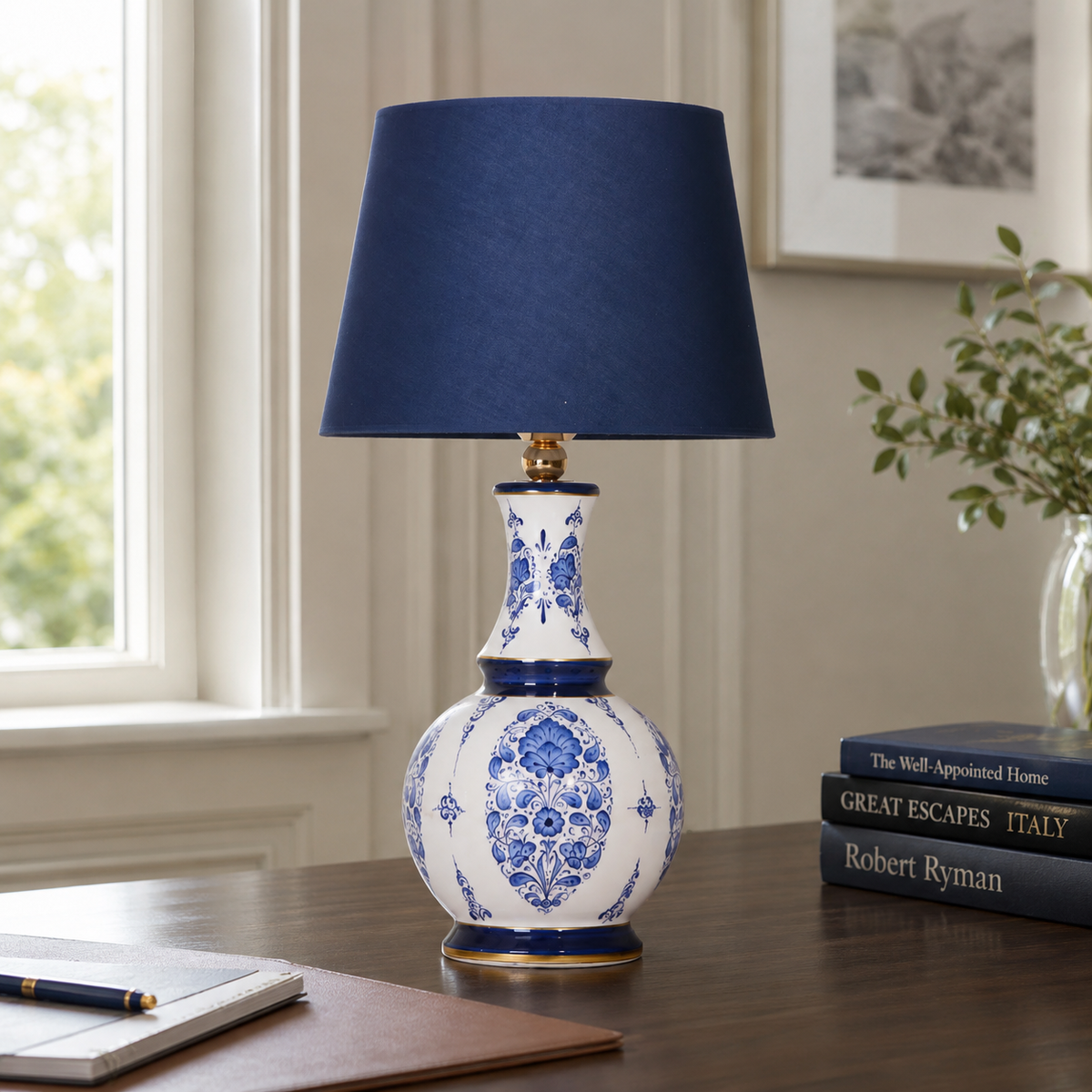 Blue & White Ceramic Table Lamp with Navy Shade, Chinoiserie Gourd Lamp