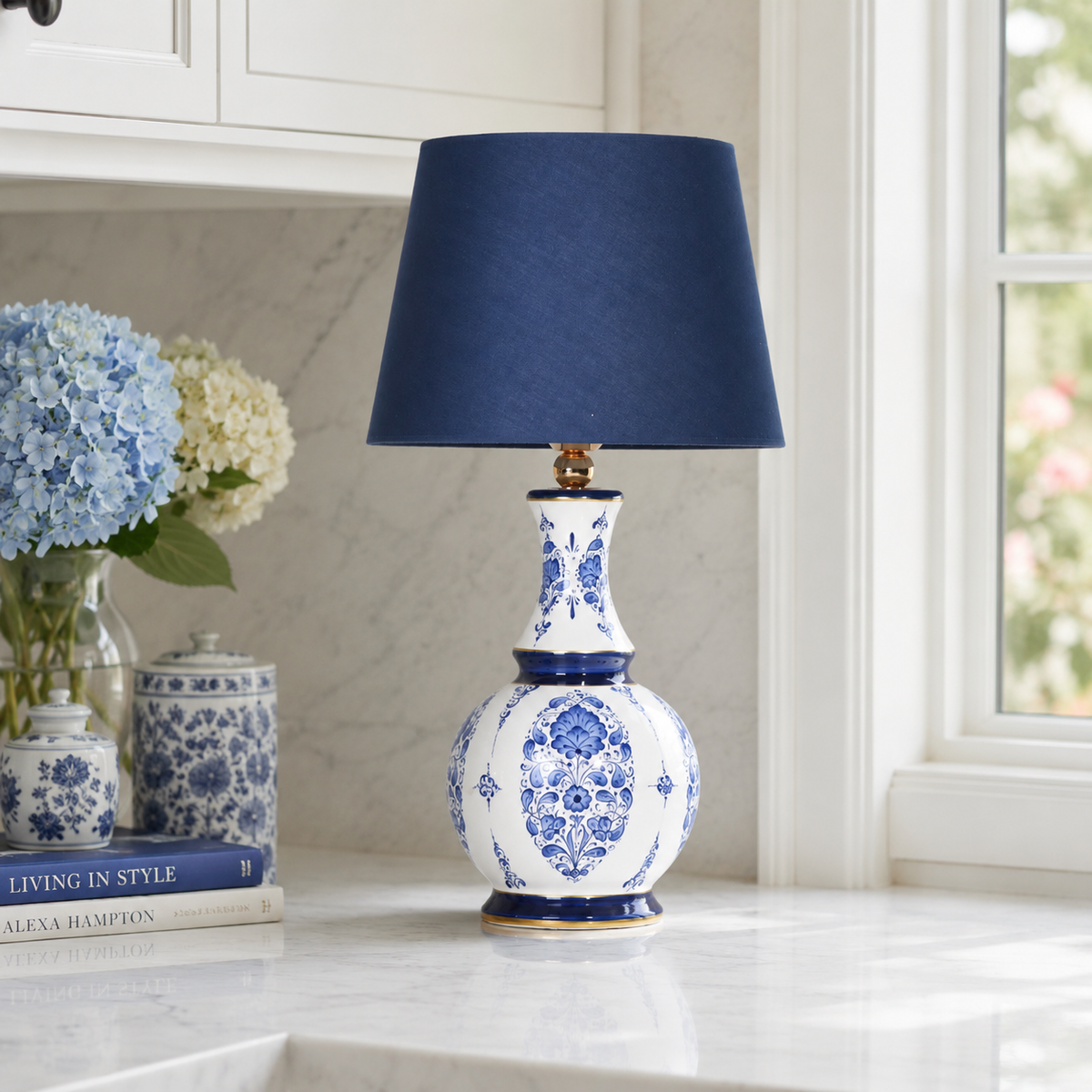 Blue & White Ceramic Table Lamp with Navy Shade, Chinoiserie Gourd Lamp