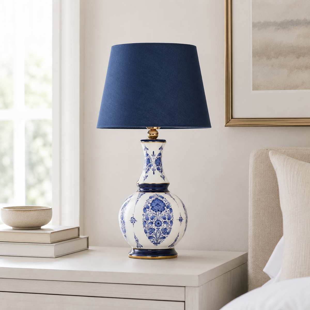 Blue & White Ceramic Table Lamp with Navy Shade, Chinoiserie Gourd Lamp