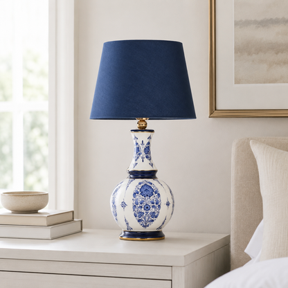 Blue & White Ceramic Table Lamp with Navy Shade, Chinoiserie Gourd Lamp