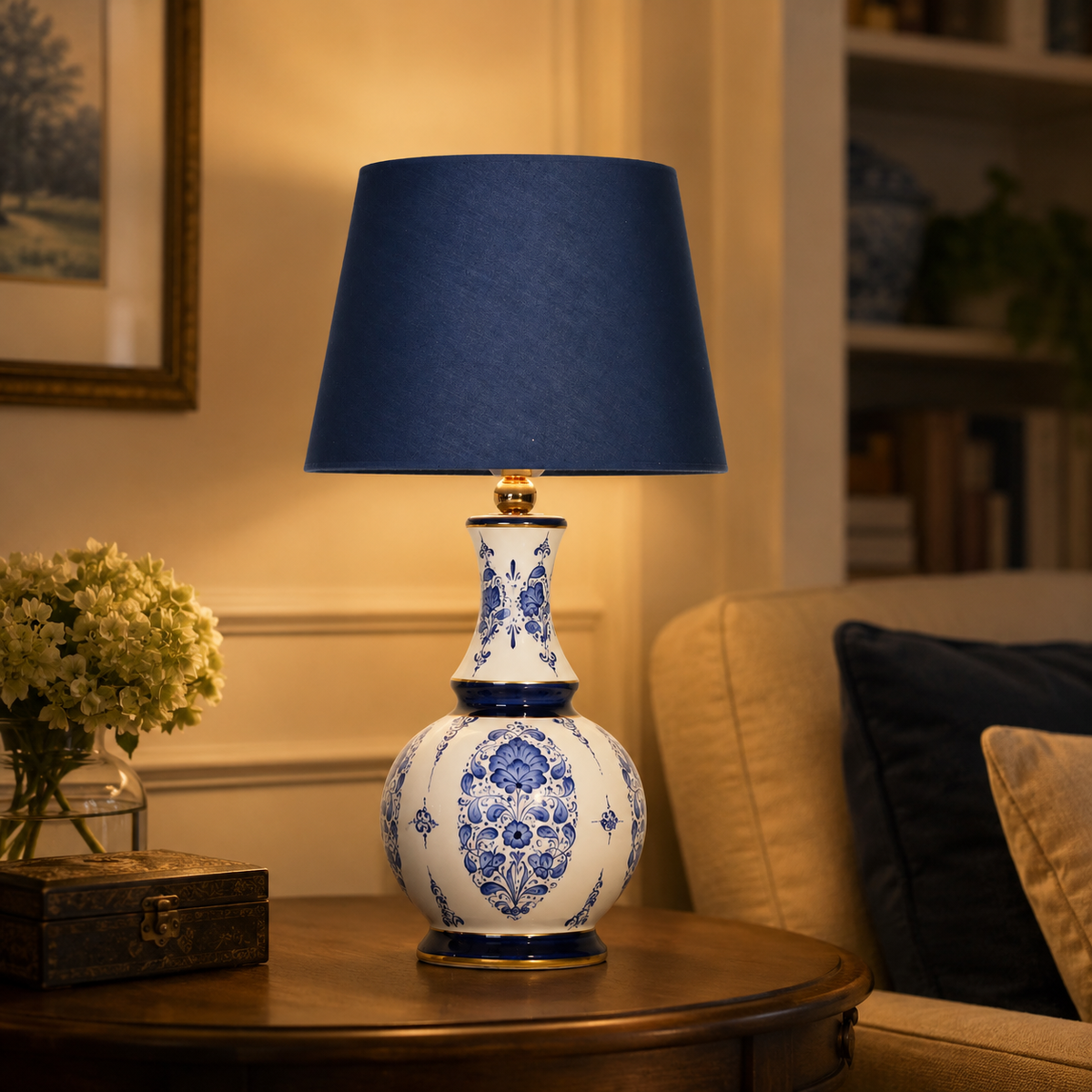 Blue & White Ceramic Table Lamp with Navy Shade, Chinoiserie Gourd Lamp