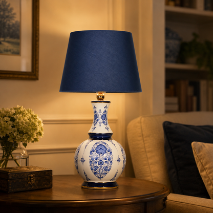 Blue & White Ceramic Table Lamp with Navy Shade, Chinoiserie Gourd Lamp
