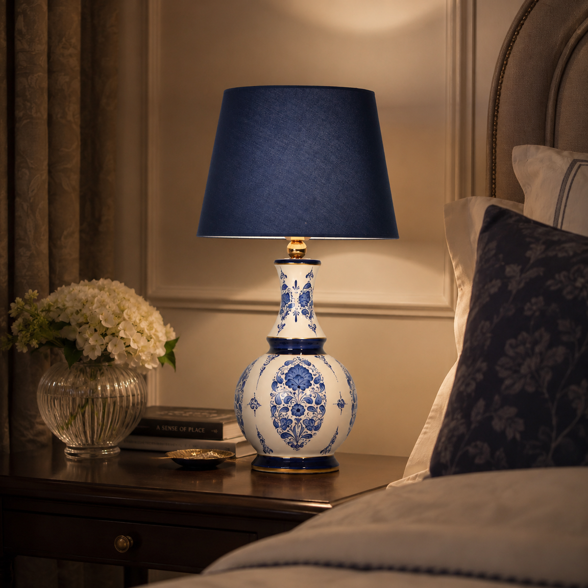 Blue & White Ceramic Table Lamp with Navy Shade, Chinoiserie Gourd Lamp