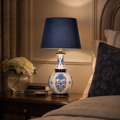Blue & White Ceramic Table Lamp with Navy Shade, Chinoiserie Gourd Lamp