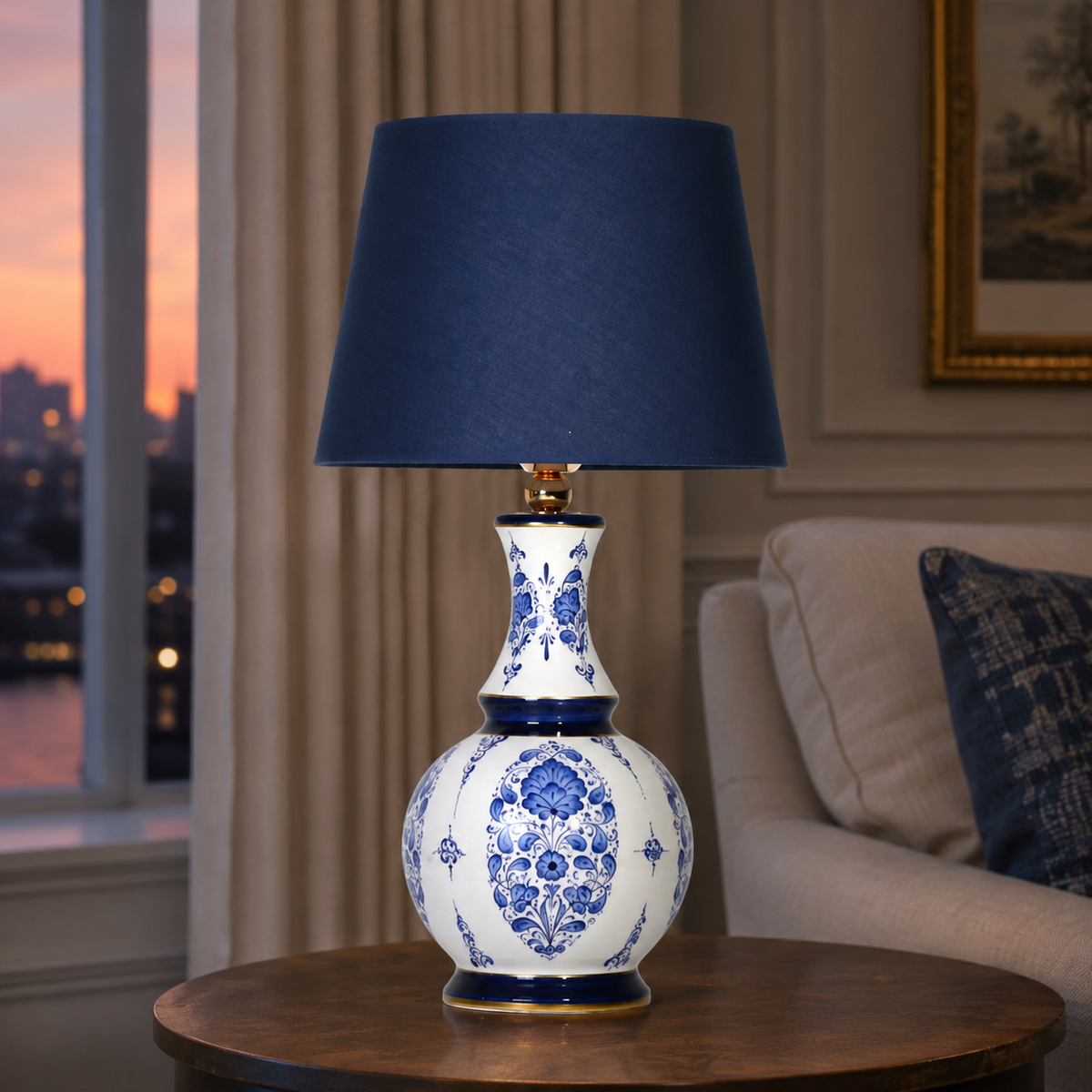Blue & White Ceramic Table Lamp with Navy Shade, Chinoiserie Gourd Lamp