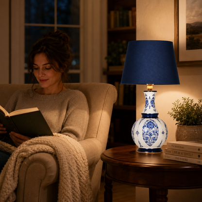 Blue & White Ceramic Table Lamp with Navy Shade, Chinoiserie Gourd Lamp