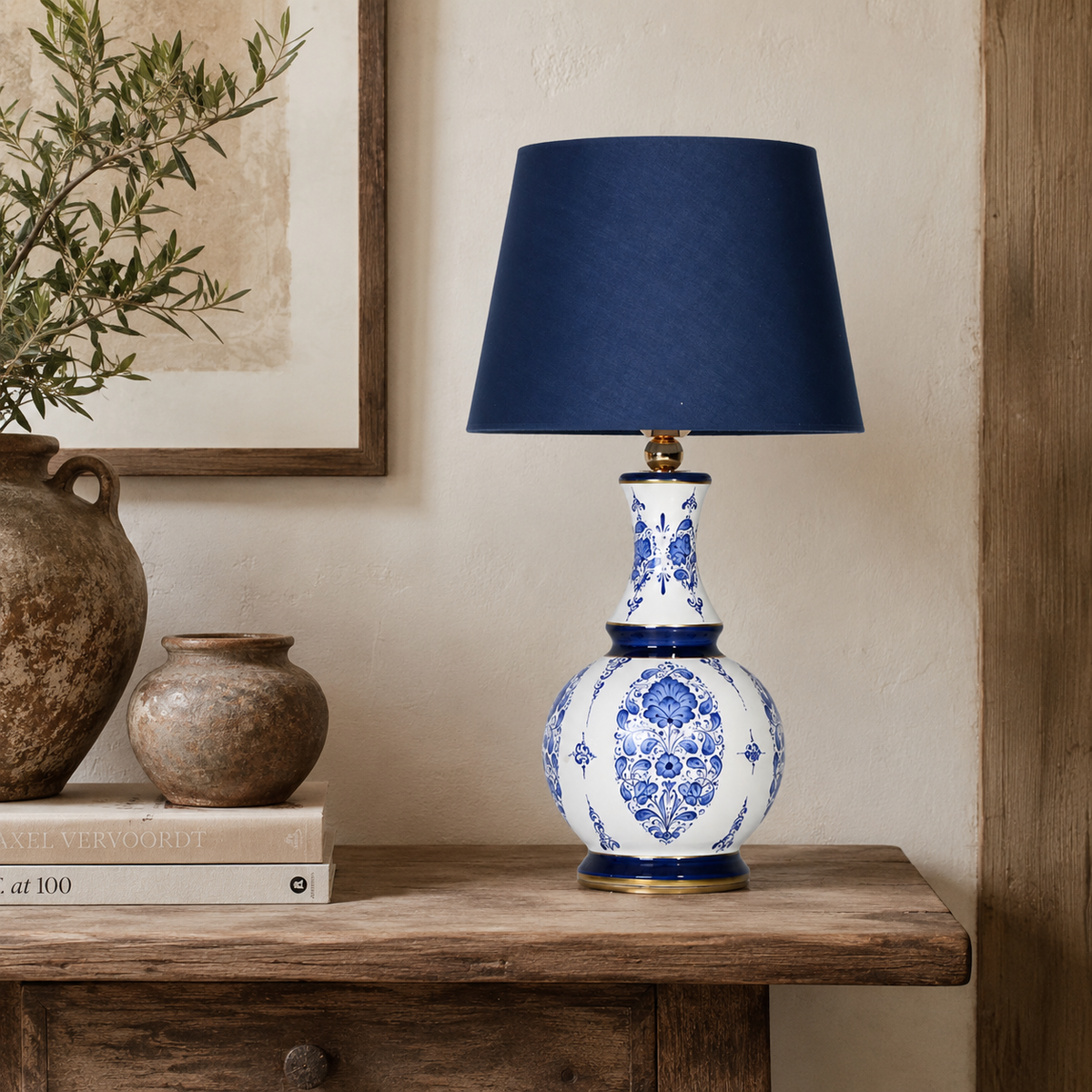 Blue & White Ceramic Table Lamp with Navy Shade, Chinoiserie Gourd Lamp