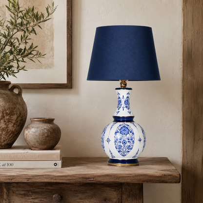 Blue & White Ceramic Table Lamp with Navy Shade, Chinoiserie Gourd Lamp