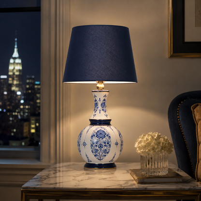 Blue & White Ceramic Table Lamp with Navy Shade, Chinoiserie Gourd Lamp