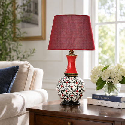 Geometric Ceramic Table Lamp, Hand-Painted Black & White Gourd Lamp