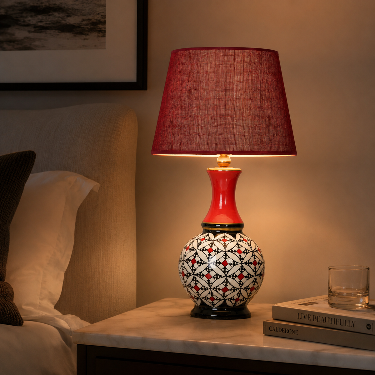 Geometric Ceramic Table Lamp, Hand-Painted Black & White Gourd Lamp