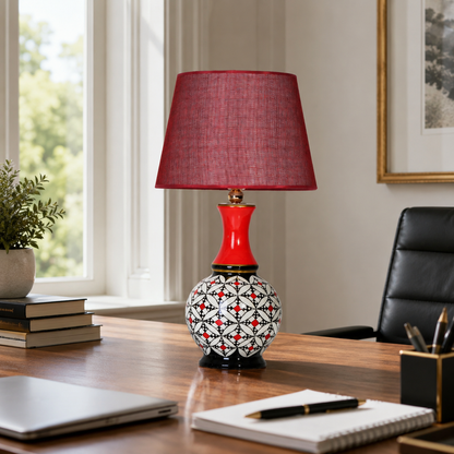 Geometric Ceramic Table Lamp, Hand-Painted Black & White Gourd Lamp