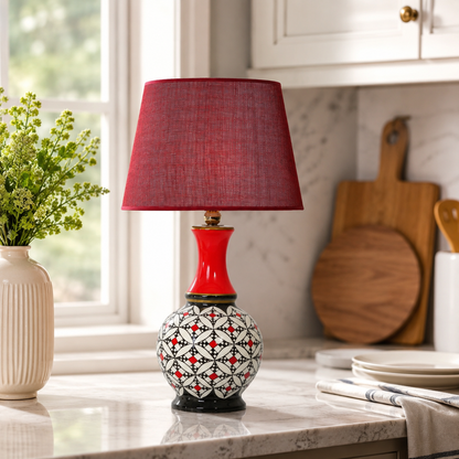 Geometric Ceramic Table Lamp, Hand-Painted Black & White Gourd Lamp