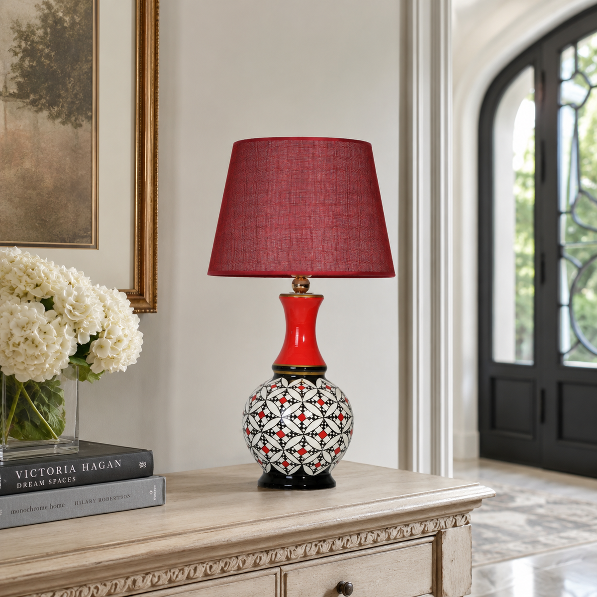 Geometric Ceramic Table Lamp, Hand-Painted Black & White Gourd Lamp