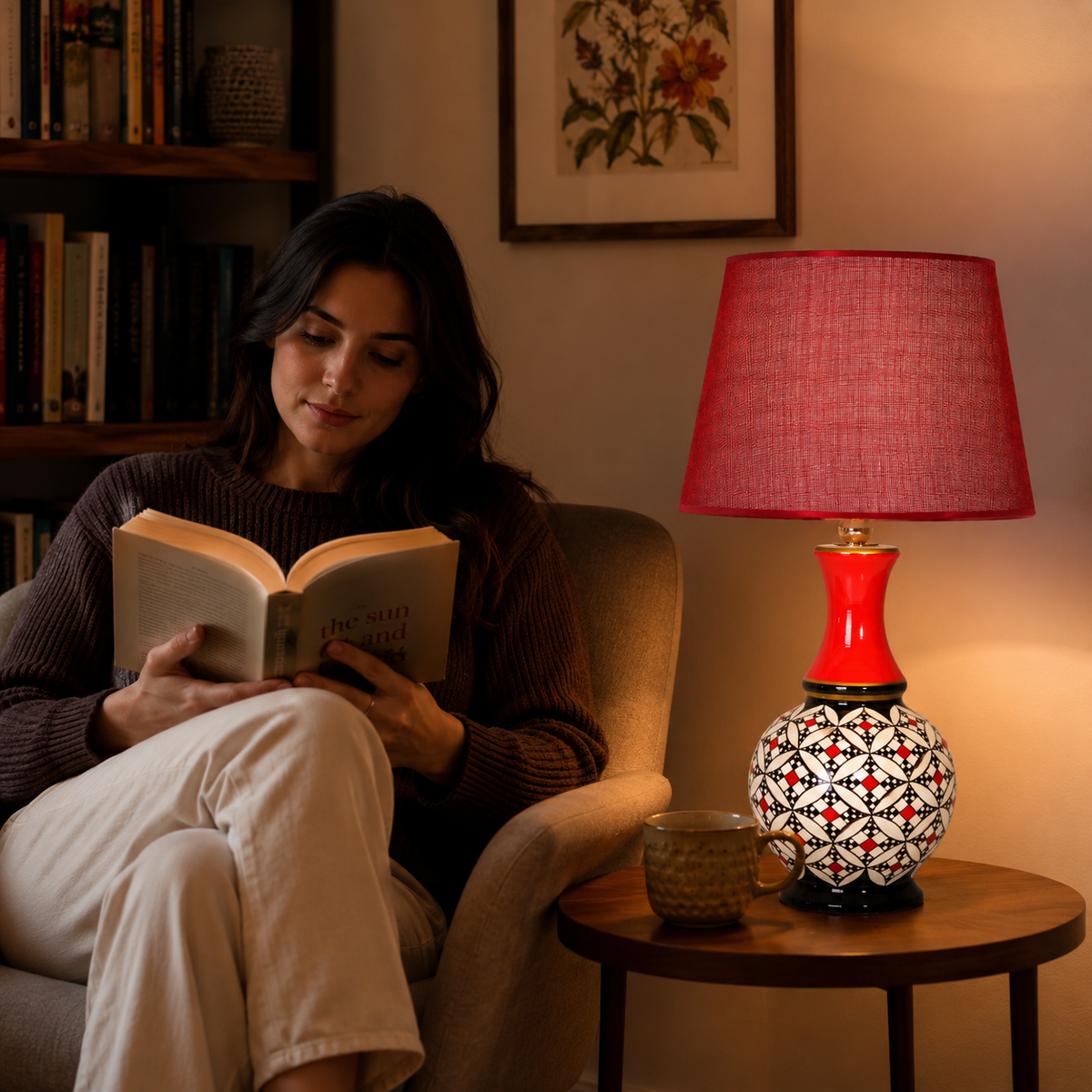 Geometric Ceramic Table Lamp, Hand-Painted Black & White Gourd Lamp