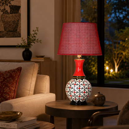 Geometric Ceramic Table Lamp, Hand-Painted Black & White Gourd Lamp