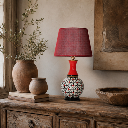 Geometric Ceramic Table Lamp, Hand-Painted Black & White Gourd Lamp
