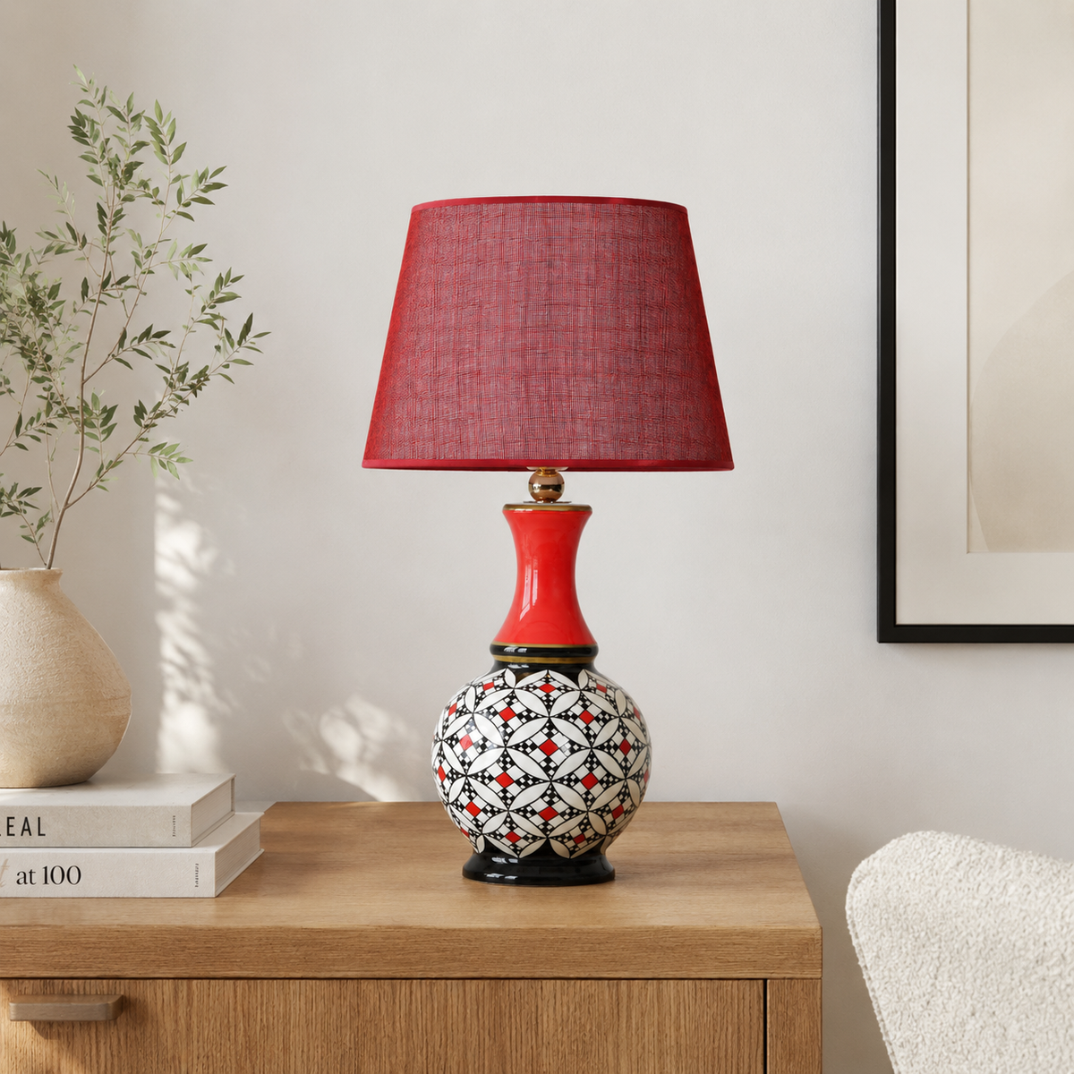 Geometric Ceramic Table Lamp, Hand-Painted Black & White Gourd Lamp