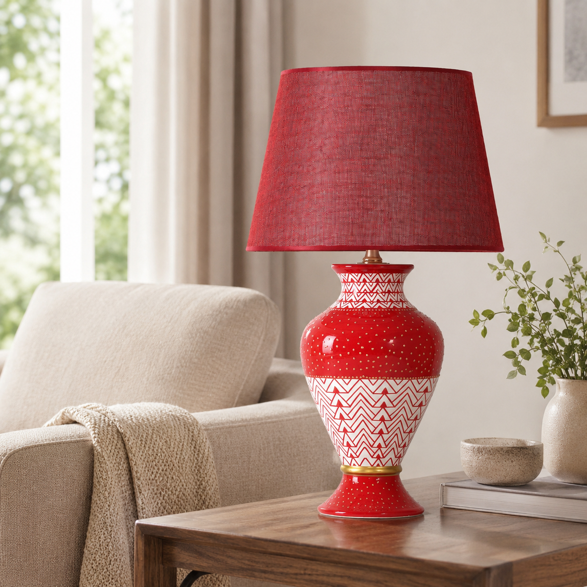 Red Ceramic Table Lamp with Chevron Pattern, Hand-Painted Urn Lamp