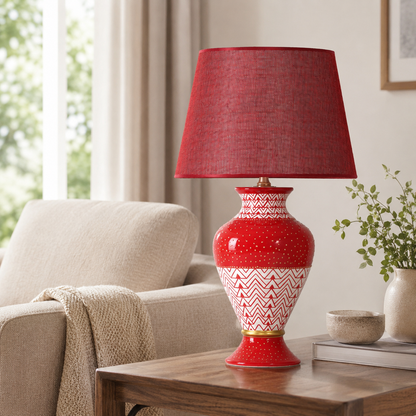 Red Ceramic Table Lamp with Chevron Pattern, Hand-Painted Urn Lamp