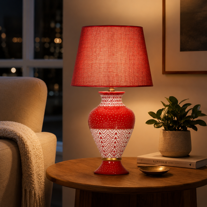 Red Ceramic Table Lamp with Chevron Pattern, Hand-Painted Urn Lamp
