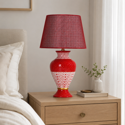 Red Ceramic Table Lamp with Chevron Pattern, Hand-Painted Urn Lamp