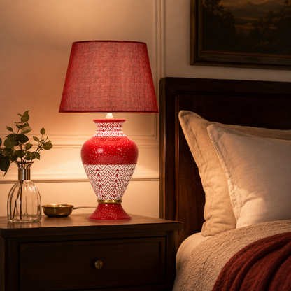 Red Ceramic Table Lamp with Chevron Pattern, Hand-Painted Urn Lamp