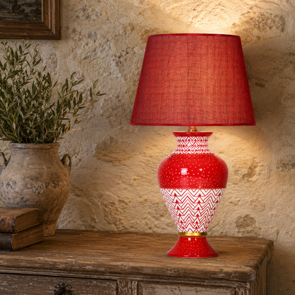 Red Ceramic Table Lamp with Chevron Pattern, Hand-Painted Urn Lamp
