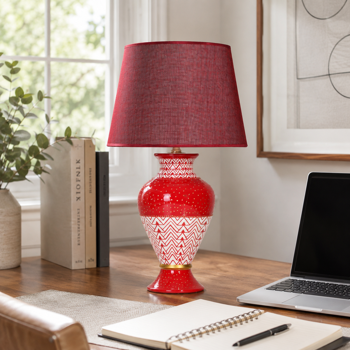 Red Ceramic Table Lamp with Chevron Pattern, Hand-Painted Urn Lamp
