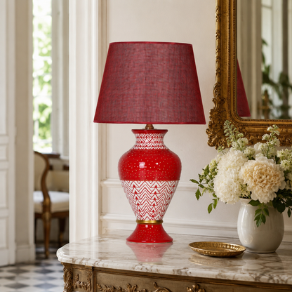 Red Ceramic Table Lamp with Chevron Pattern, Hand-Painted Urn Lamp
