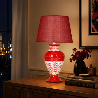 Red Ceramic Table Lamp with Chevron Pattern, Hand-Painted Urn Lamp