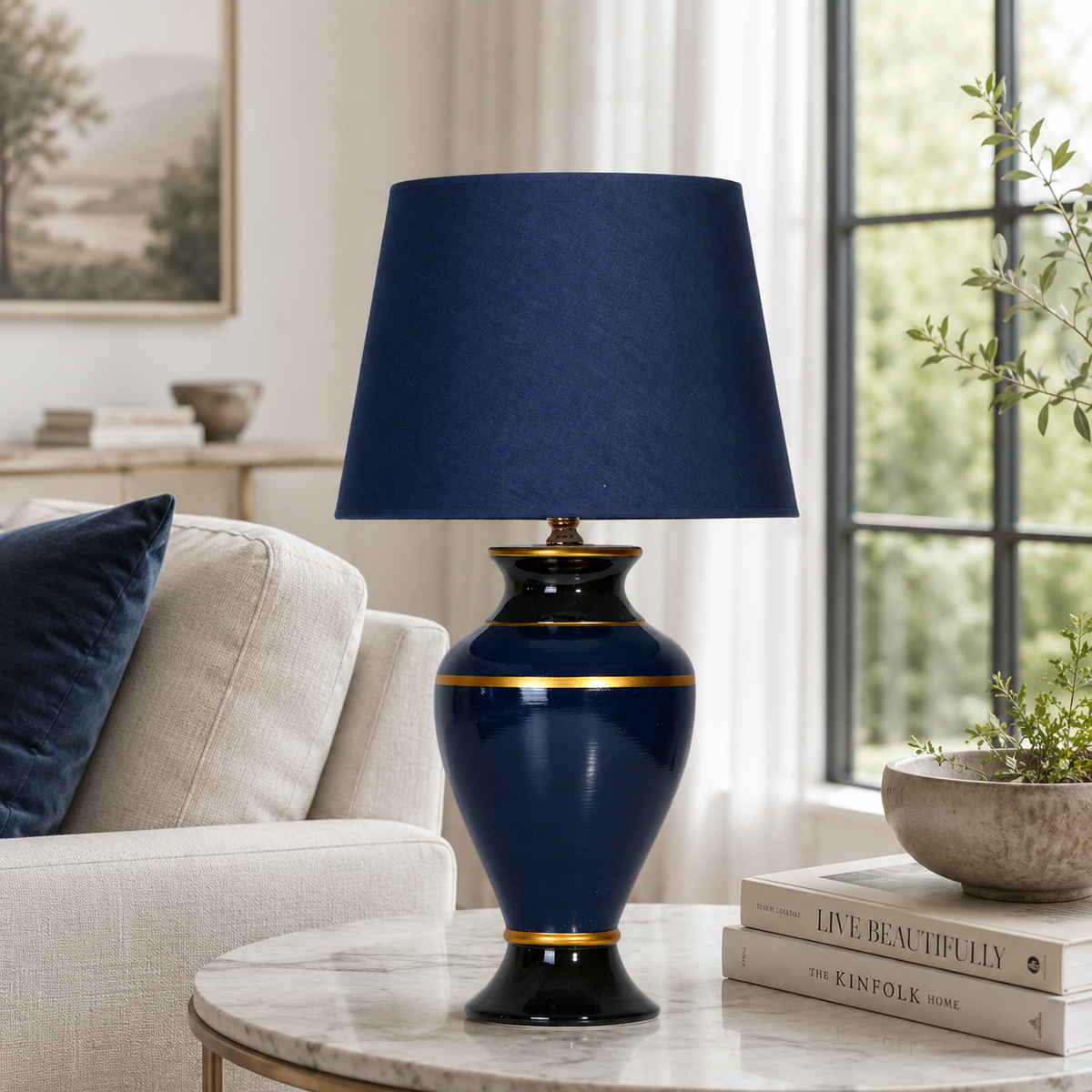 Navy Blue Ceramic Table Lamp with Gold Trim, Glossy Urn Bedside Lamp