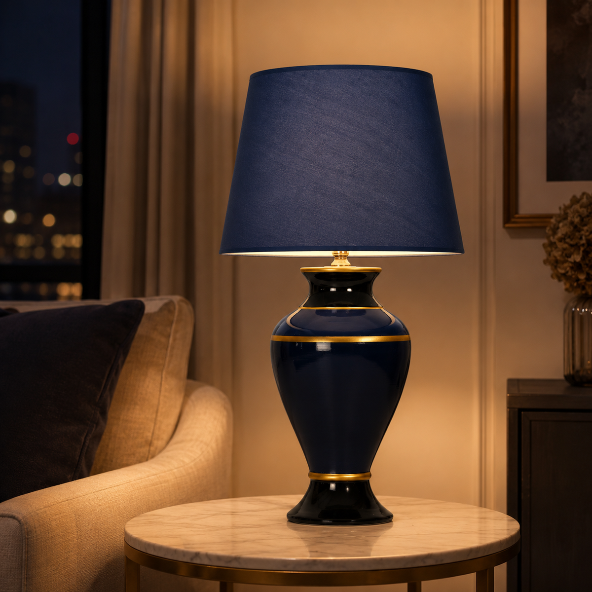 Navy Blue Ceramic Table Lamp with Gold Trim, Glossy Urn Bedside Lamp