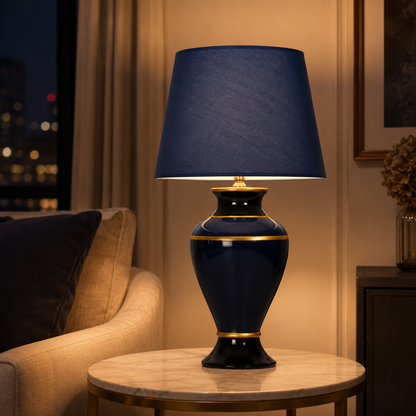 Navy Blue Ceramic Table Lamp with Gold Trim, Glossy Urn Bedside Lamp