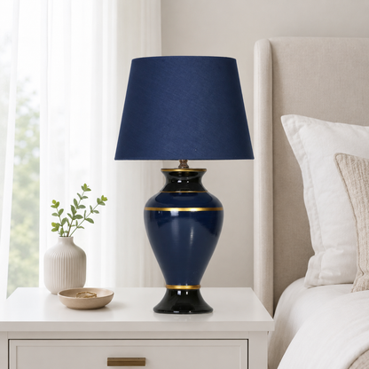 Navy Blue Ceramic Table Lamp with Gold Trim, Glossy Urn Bedside Lamp