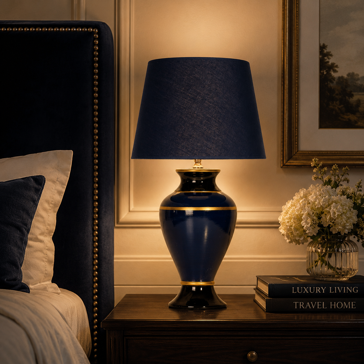 Navy Blue Ceramic Table Lamp with Gold Trim, Glossy Urn Bedside Lamp