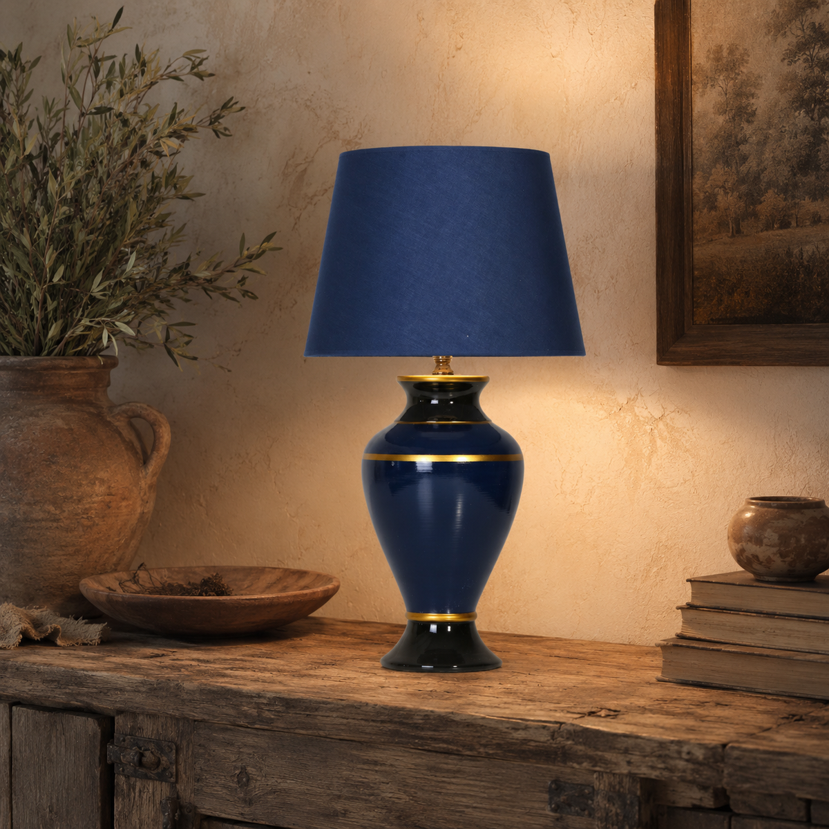 Navy Blue Ceramic Table Lamp with Gold Trim, Glossy Urn Bedside Lamp