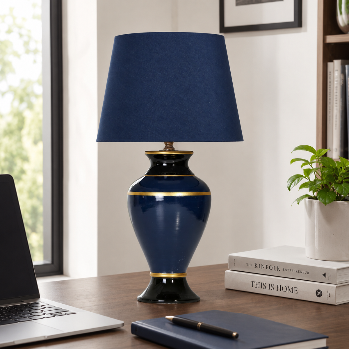 Navy Blue Ceramic Table Lamp with Gold Trim, Glossy Urn Bedside Lamp