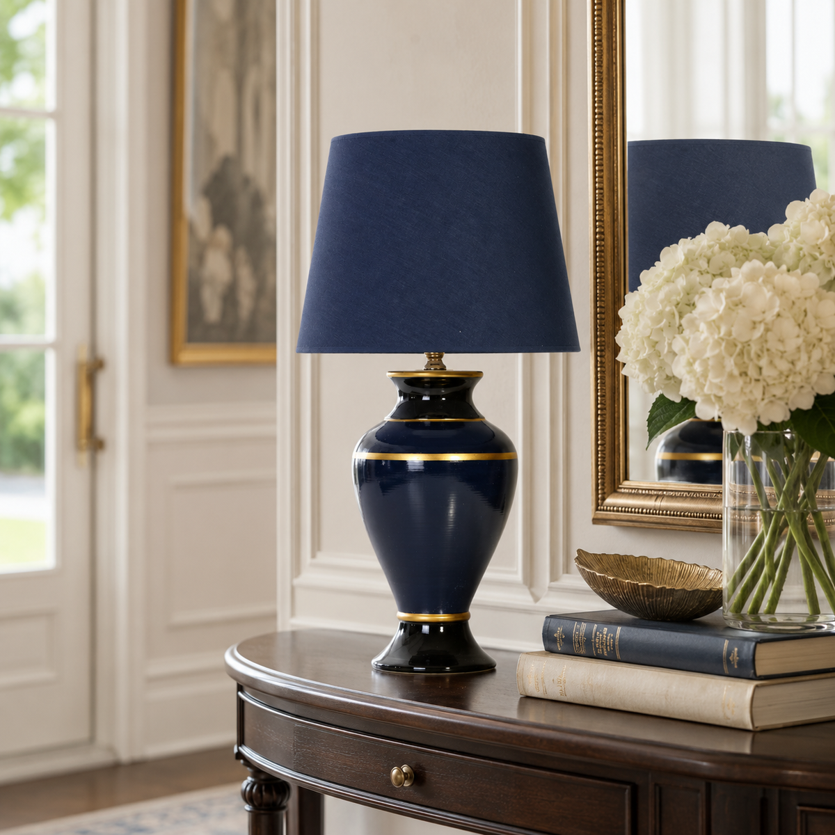 Navy Blue Ceramic Table Lamp with Gold Trim, Glossy Urn Bedside Lamp